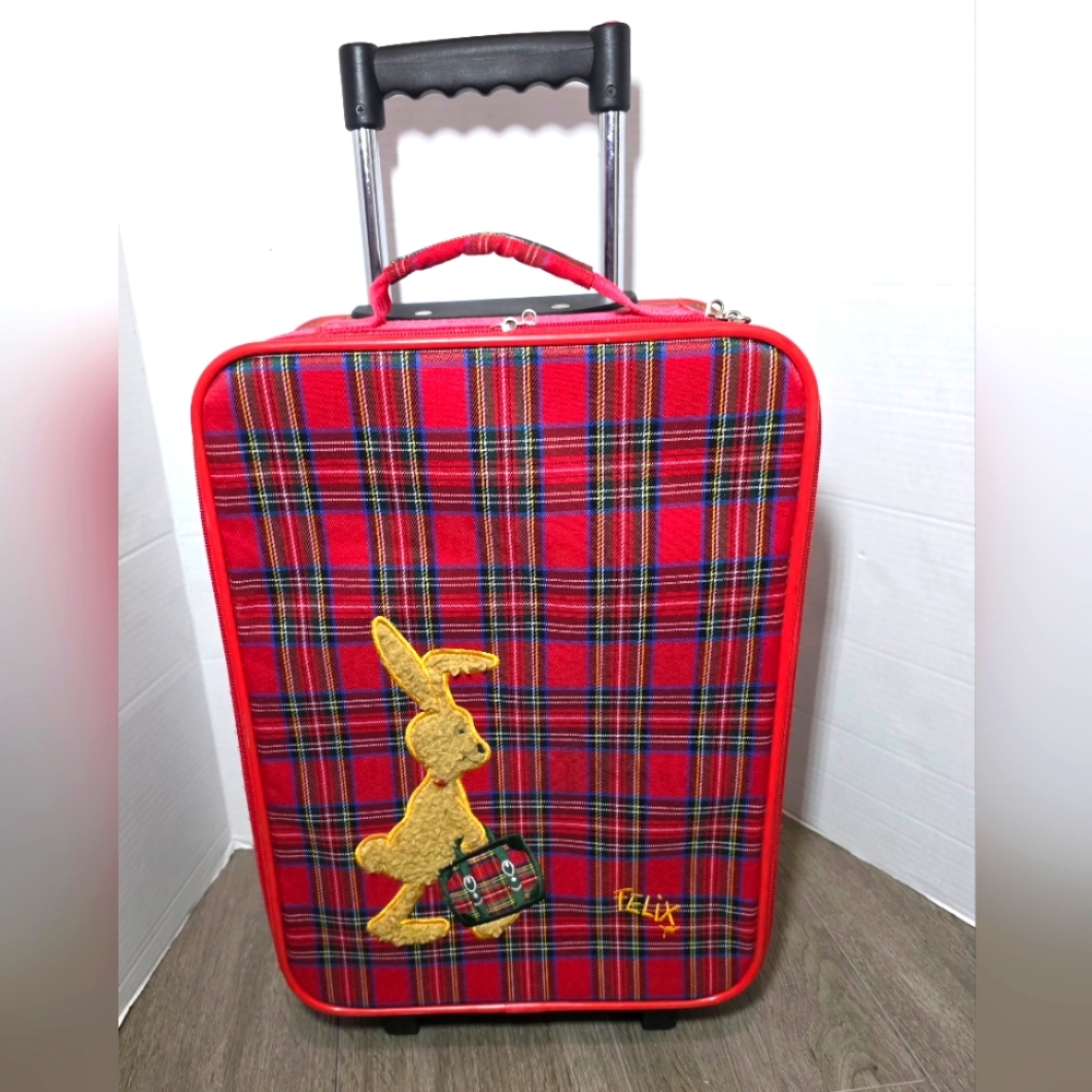 Vintage FELIX RABBIT Red Plaid Rolling Suitcase Die Spiegelburg Childs Carry-On